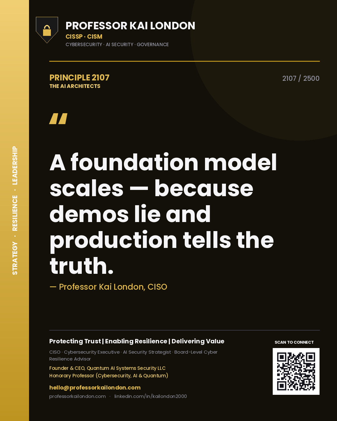 Quote card by Professor Kai London reading 'A foundation model scales — because demos lie and production tells the truth.'. From the book The AI Architects.