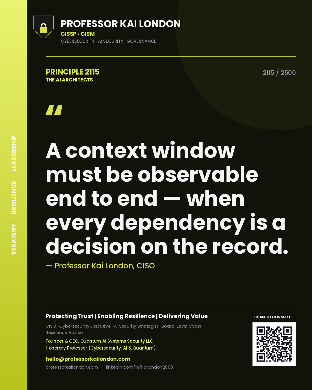 Quote card by Professor Kai London reading 'A context window must be observable end to end — when every dependency is a decision on the record.'. From the book The AI Architects.