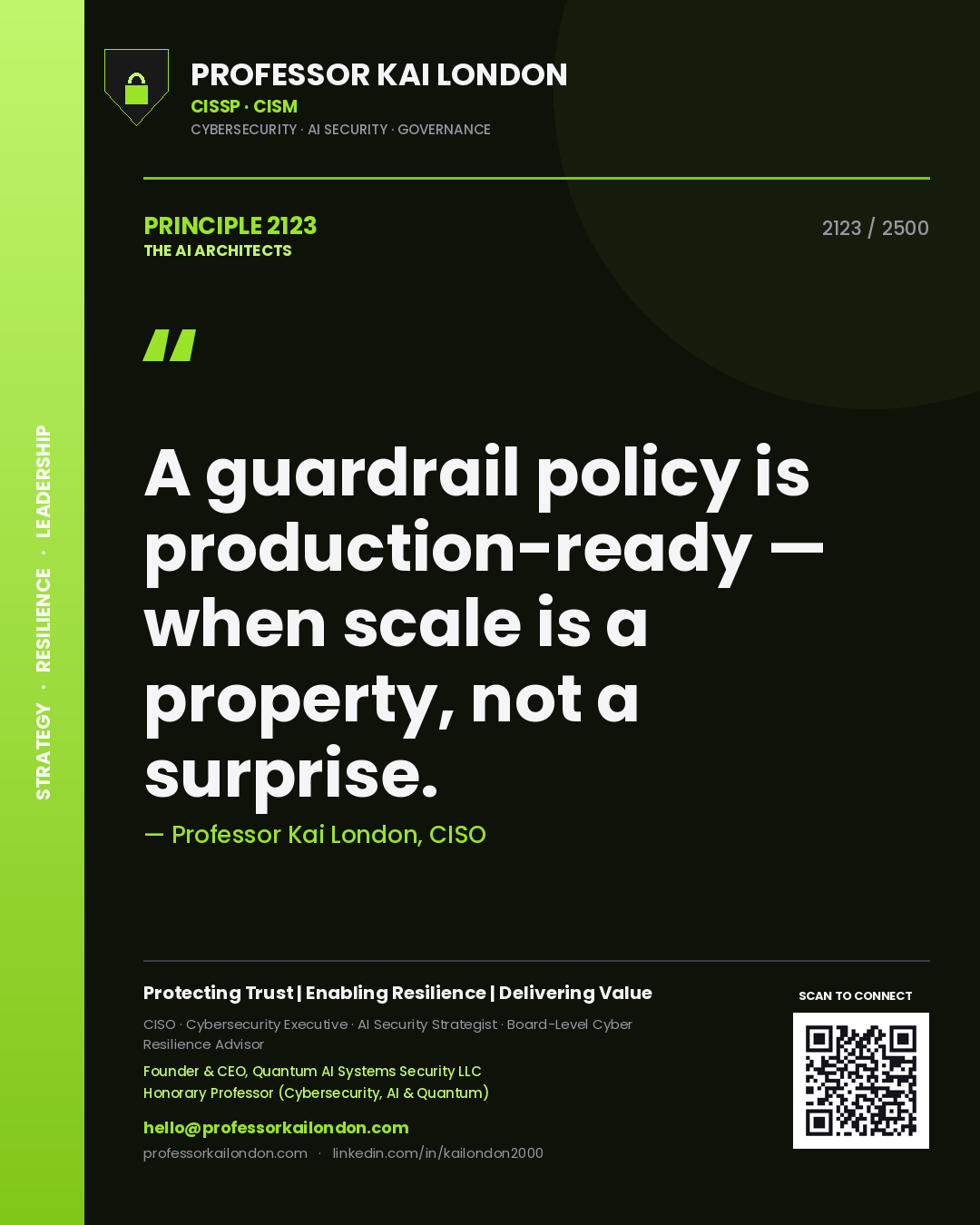 Quote card by Professor Kai London reading 'A guardrail policy is production-ready — when scale is a property, not a surprise.'. From the book The AI Architects.