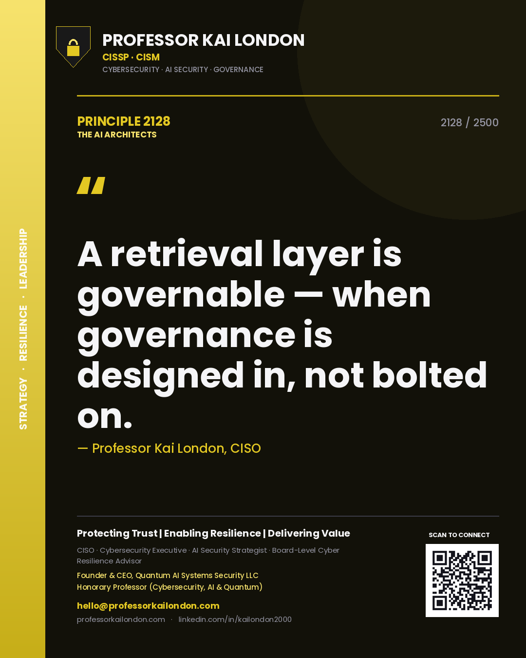 Quote card by Professor Kai London reading 'A retrieval layer is governable — when governance is designed in, not bolted on.'. From the book The AI Architects.