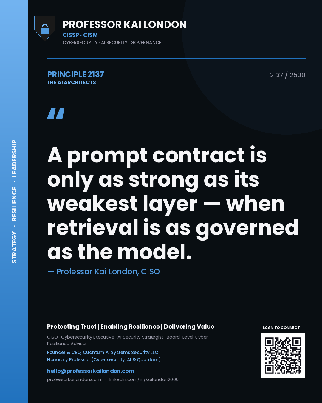 Quote card by Professor Kai London reading 'A prompt contract is only as strong as its weakest layer — when retrieval is as governed as the model.'. From the book The AI Architects.