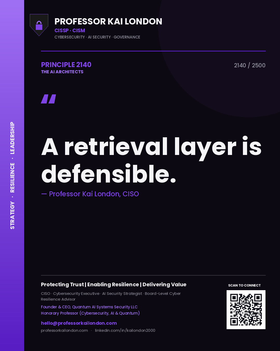 Quote card by Professor Kai London reading 'A retrieval layer is defensible.'. From the book The AI Architects.