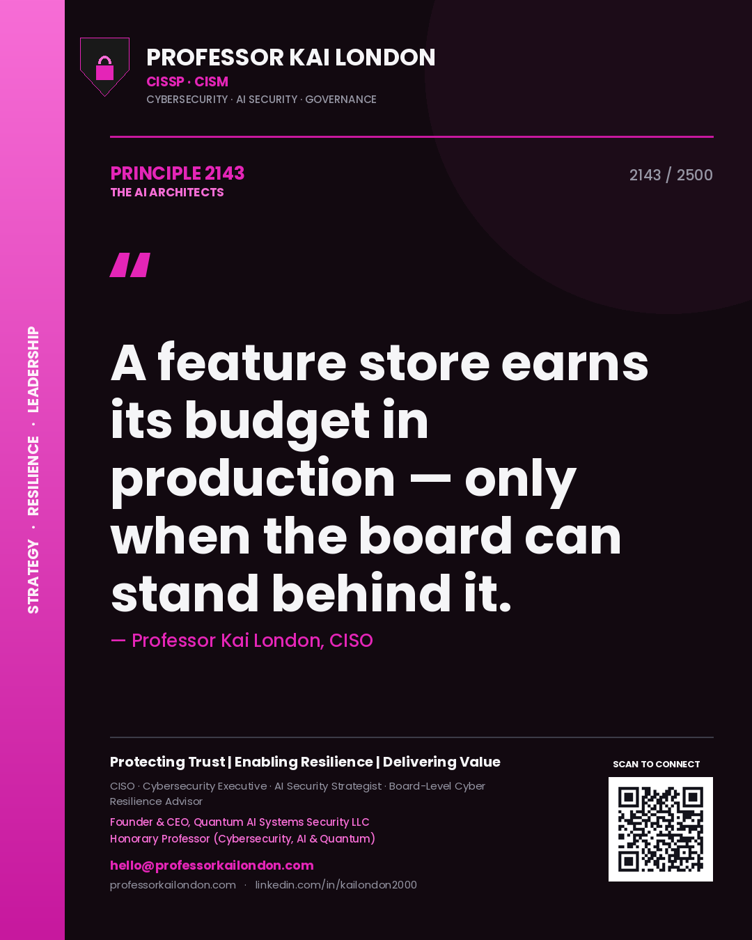 Quote card by Professor Kai London reading 'A feature store earns its budget in production — only when the board can stand behind it.'. From the book The AI Architects.