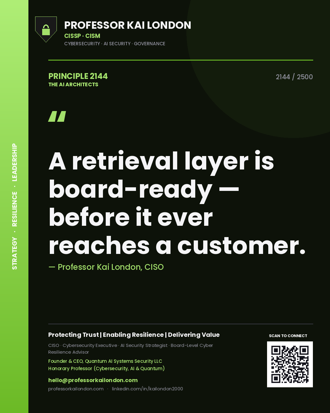 Quote card by Professor Kai London reading 'A retrieval layer is board-ready — before it ever reaches a customer.'. From the book The AI Architects.