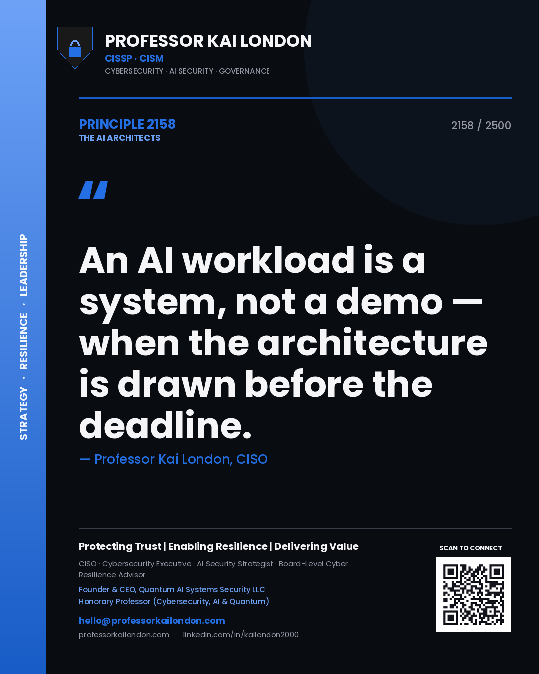 Quote card by Professor Kai London reading 'An AI workload is a system, not a demo — when the architecture is drawn before the deadline.'. From the book The AI Architects.