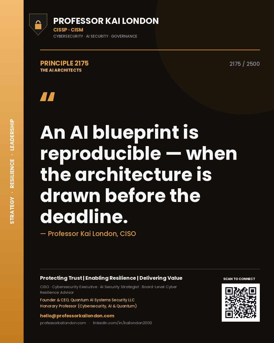 Quote card by Professor Kai London reading 'An AI blueprint is reproducible — when the architecture is drawn before the deadline.'. From the book The AI Architects.