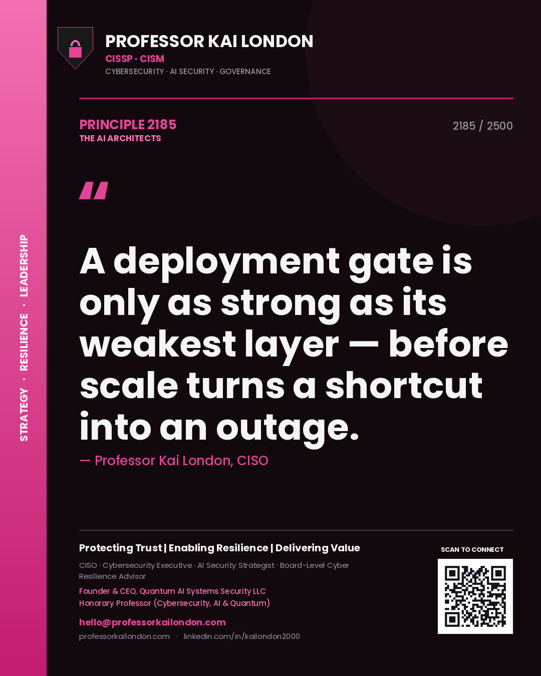 Quote card by Professor Kai London reading 'A deployment gate is only as strong as its weakest layer — before scale turns a shortcut into an outage.'. From the book The AI Architects.