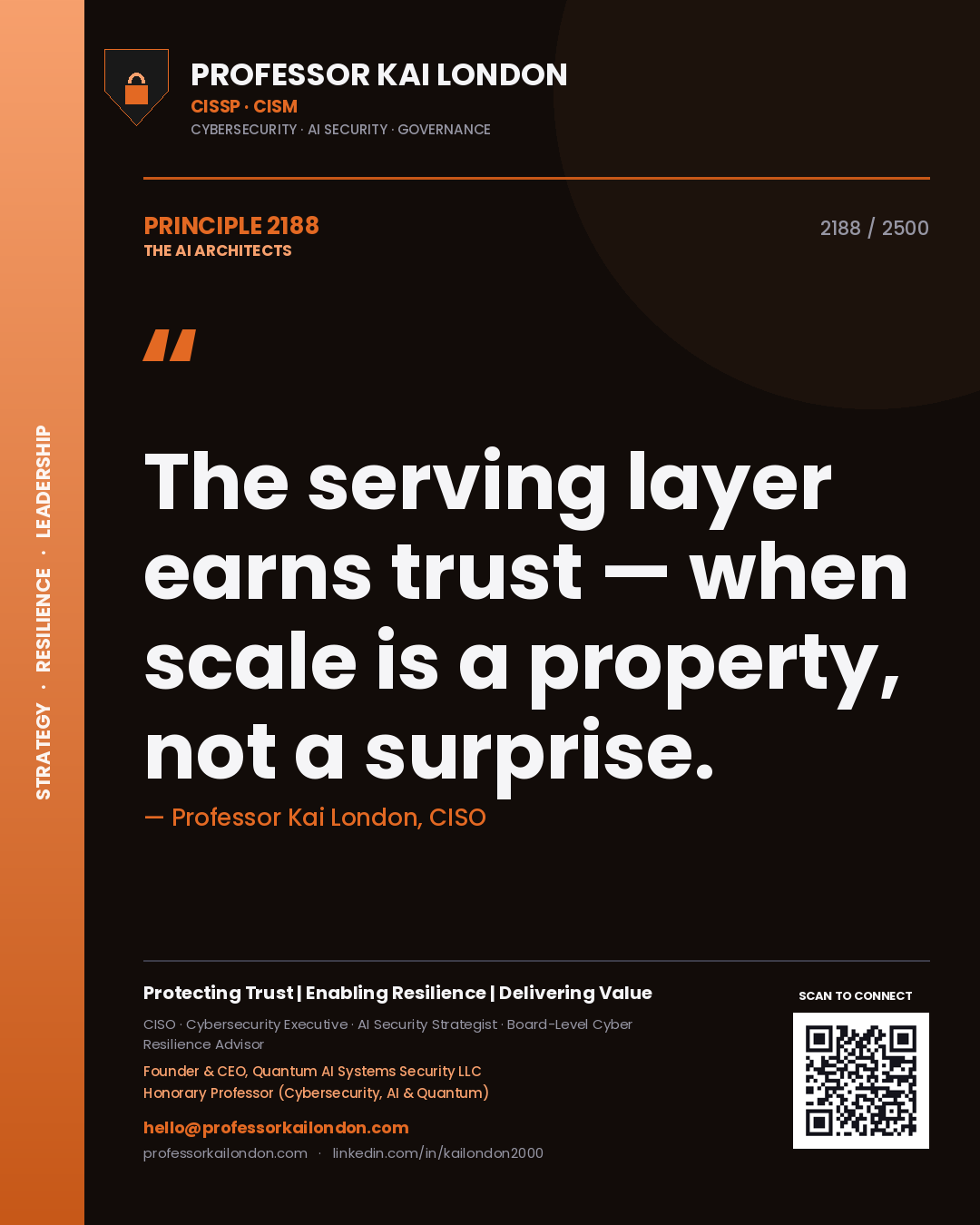 Quote card by Professor Kai London reading 'The serving layer earns trust — when scale is a property, not a surprise.'. From the book The AI Architects.