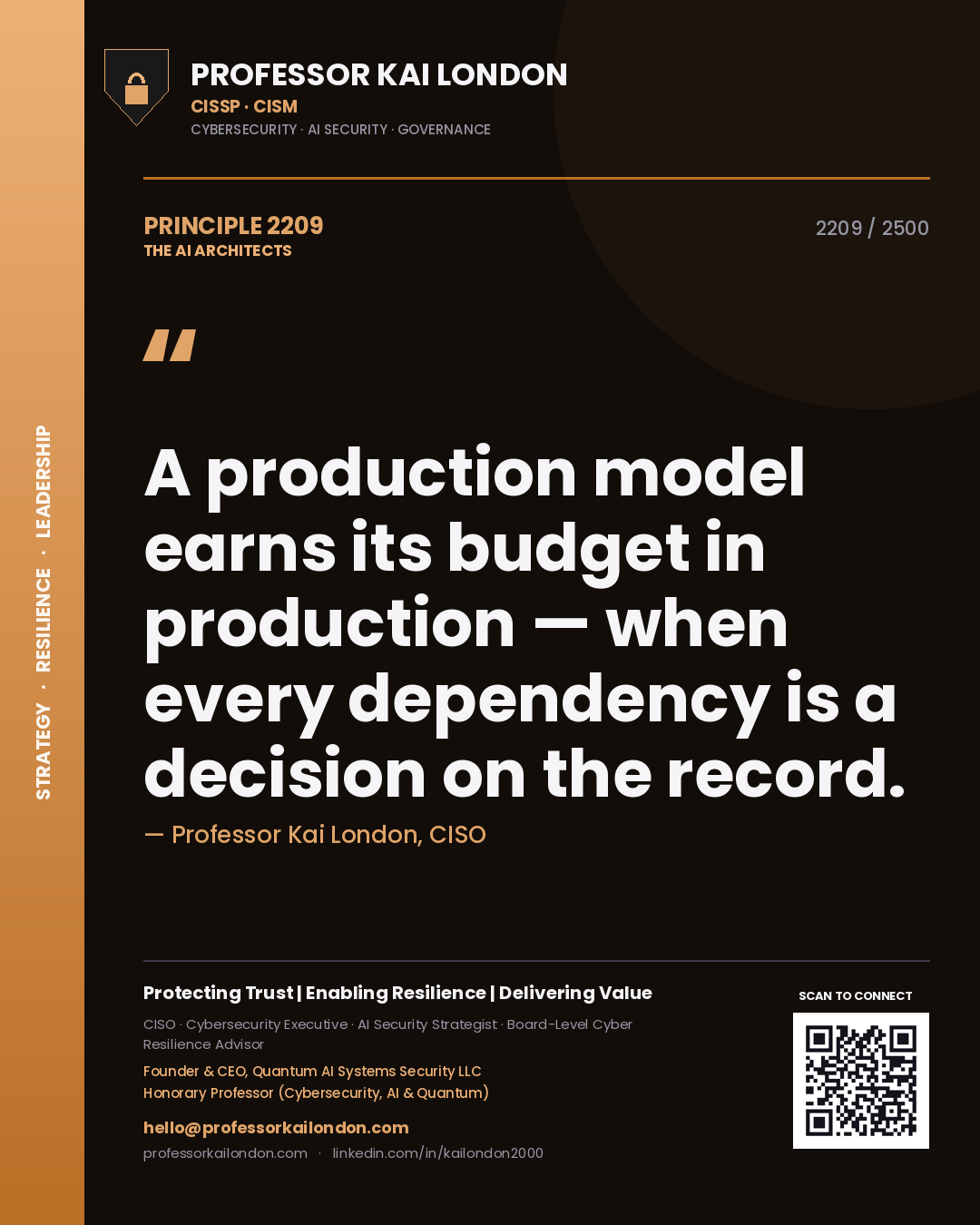 Professor Kai London principle 2209: A production model earns its budget in production — when every dependency is a decision on the record.