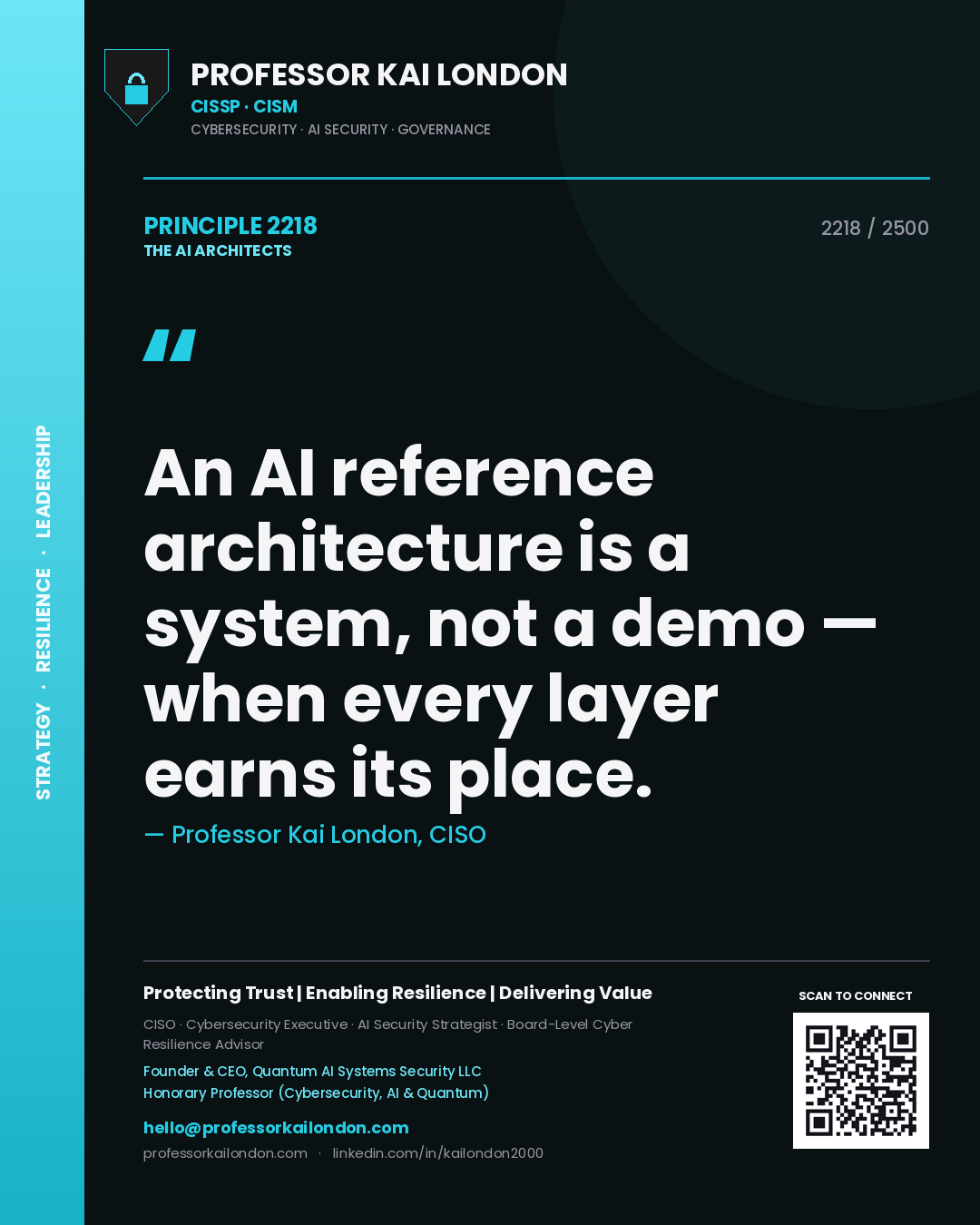 Professor Kai London principle 2218: An AI reference architecture is a system, not a demo — when every layer earns its place.