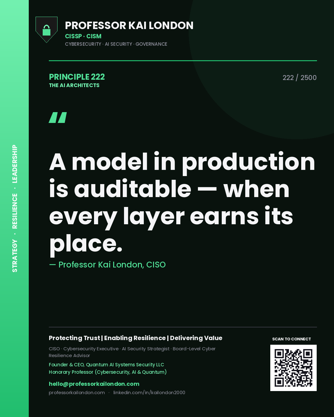 Professor Kai London principle 222: A model in production is auditable — when every layer earns its place.