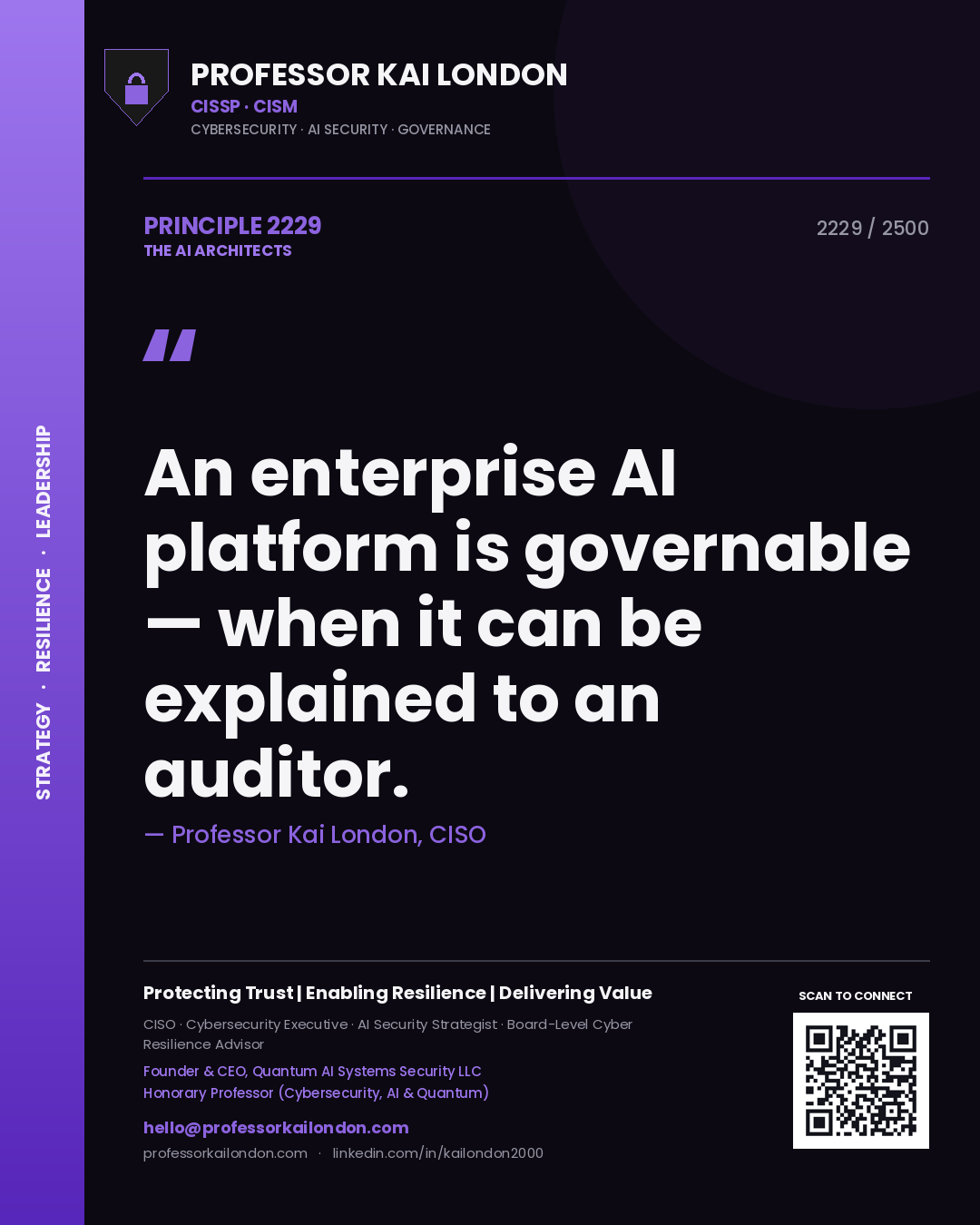 Professor Kai London principle 2229: An enterprise AI platform is governable — when it can be explained to an auditor.