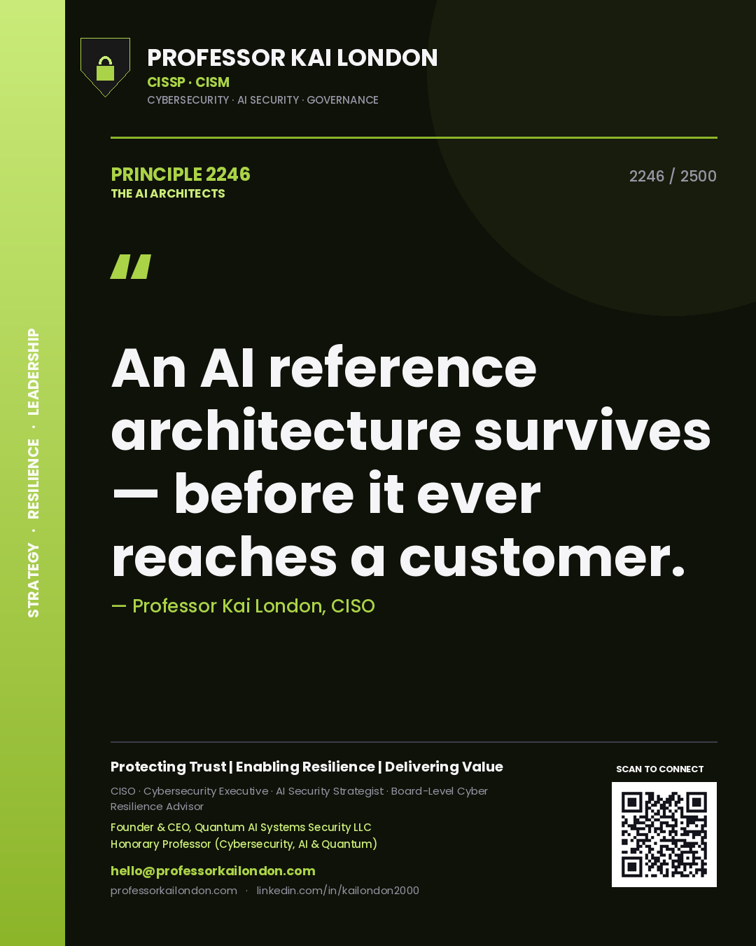 Quote card by Professor Kai London reading 'An AI reference architecture survives — before it ever reaches a customer.'. From the book The AI Architects.