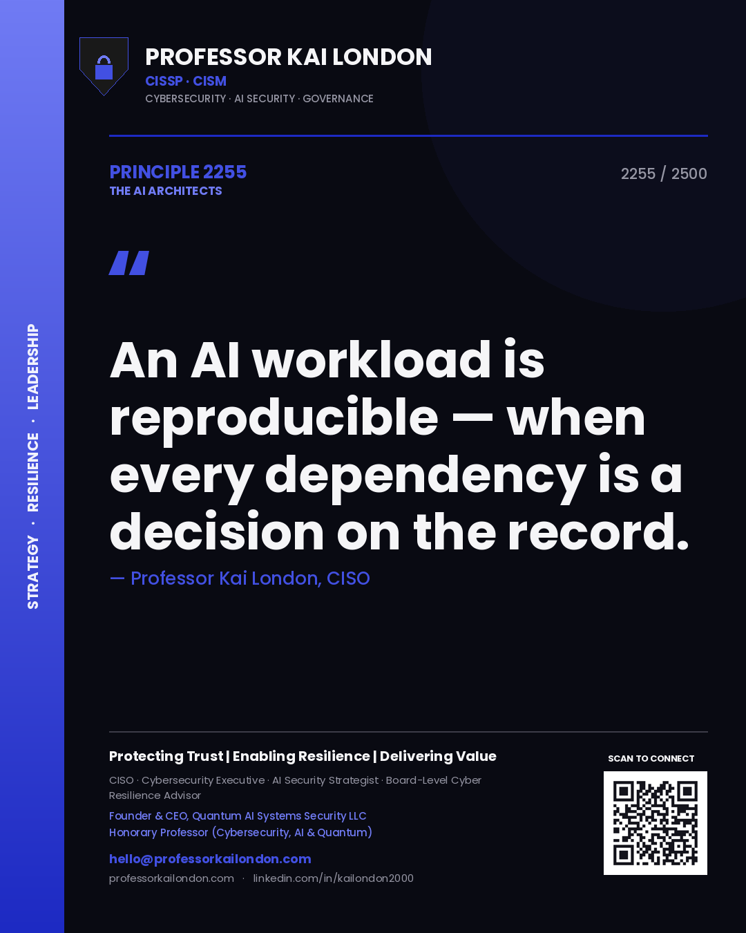 Professor Kai London principle 2255: An AI workload is reproducible — when every dependency is a decision on the record.
