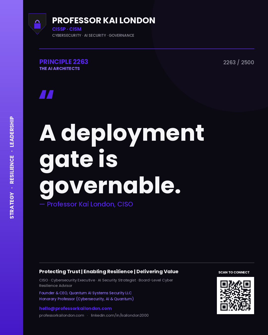 Quote card by Professor Kai London reading 'A deployment gate is governable.'. From the book The AI Architects.