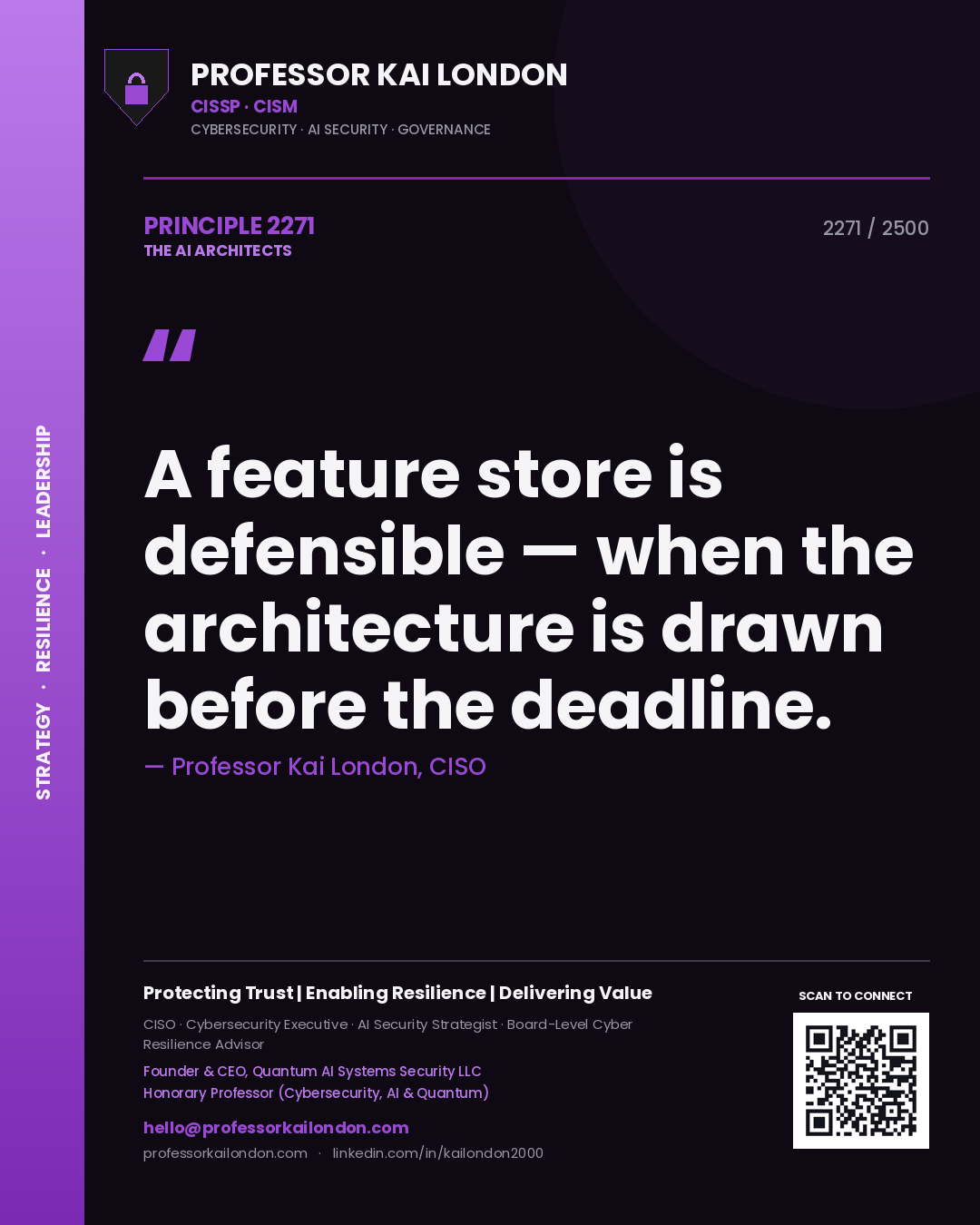 Quote card by Professor Kai London reading 'A feature store is defensible — when the architecture is drawn before the deadline.'. From the book The AI Architects.