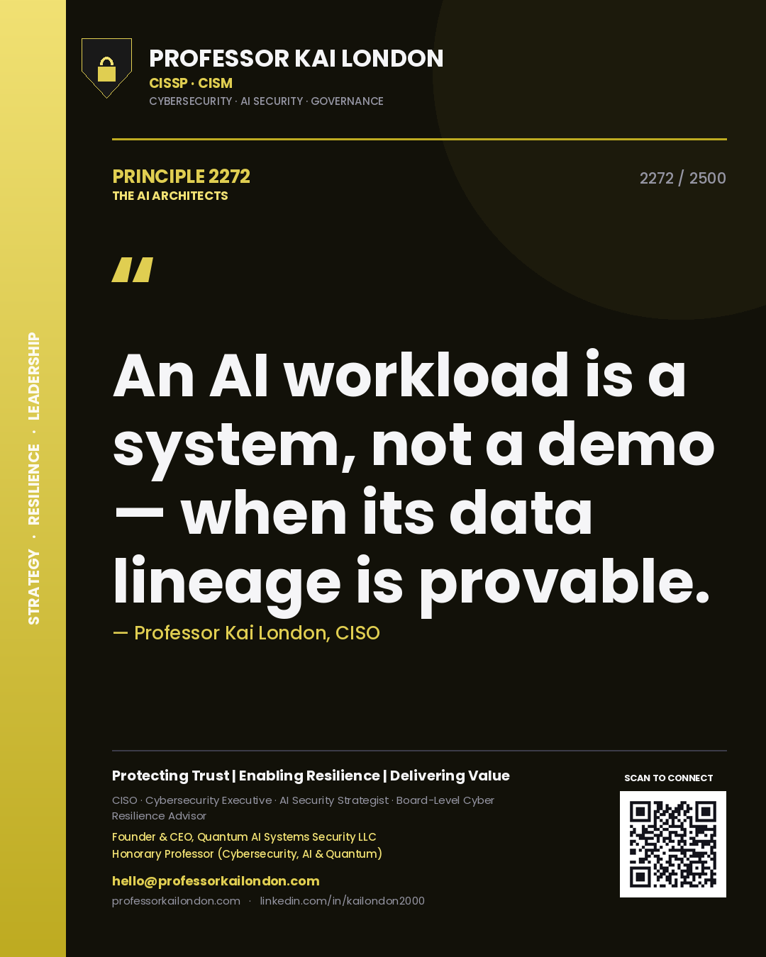 Quote card by Professor Kai London reading 'An AI workload is a system, not a demo — when its data lineage is provable.'. From the book The AI Architects.