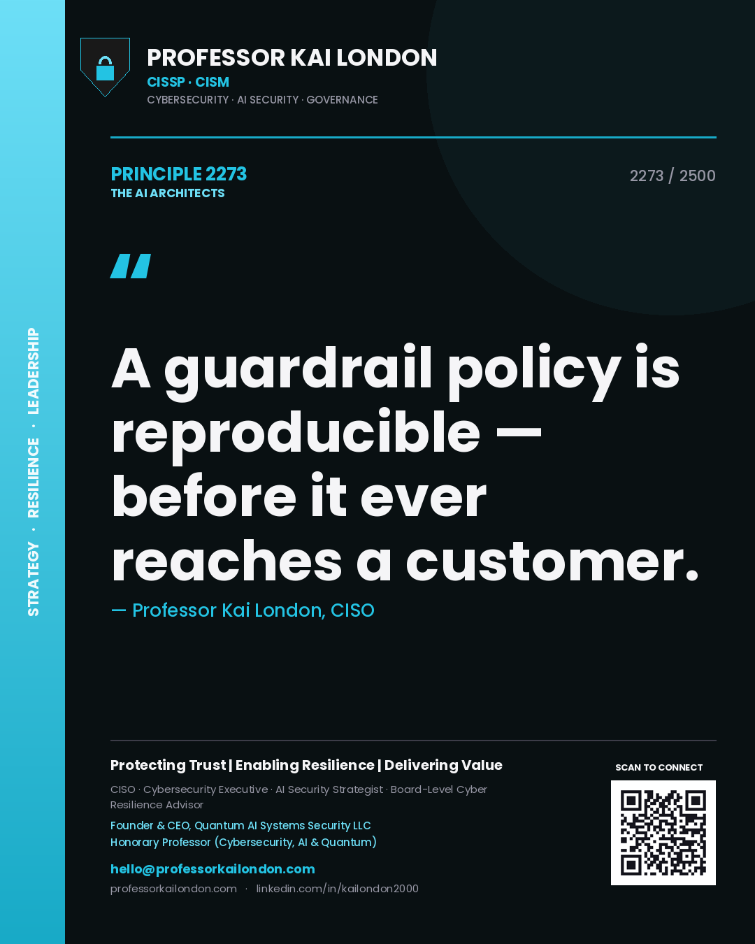 Quote card by Professor Kai London reading 'A guardrail policy is reproducible — before it ever reaches a customer.'. From the book The AI Architects.