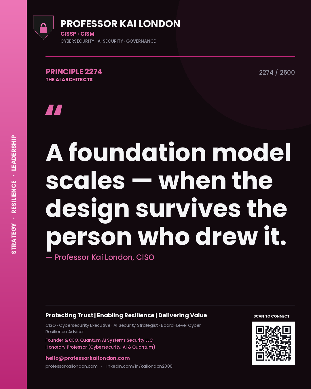 Quote card by Professor Kai London reading 'A foundation model scales — when the design survives the person who drew it.'. From the book The AI Architects.