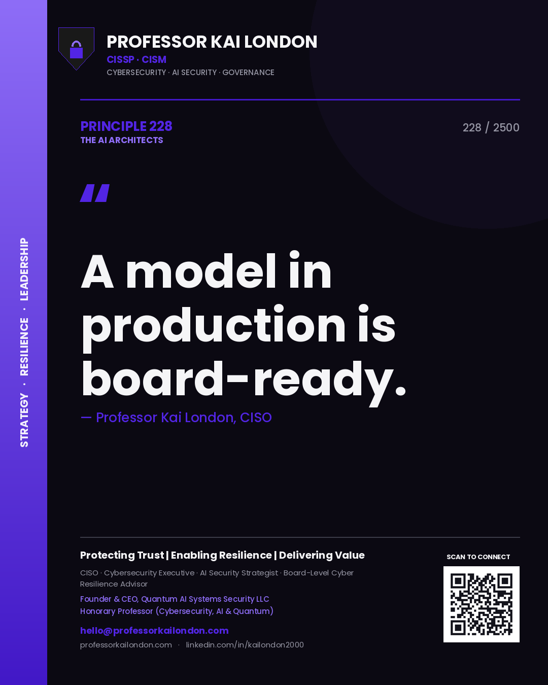 Quote card by Professor Kai London reading 'A model in production is board-ready.'. From the book The AI Architects.