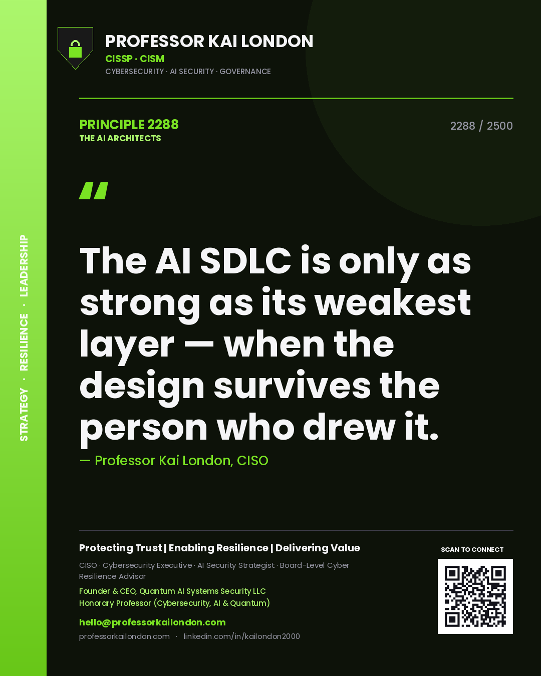 Quote card by Professor Kai London reading 'The AI SDLC is only as strong as its weakest layer — when the design survives the person who drew it.'. From the book The AI Architects.