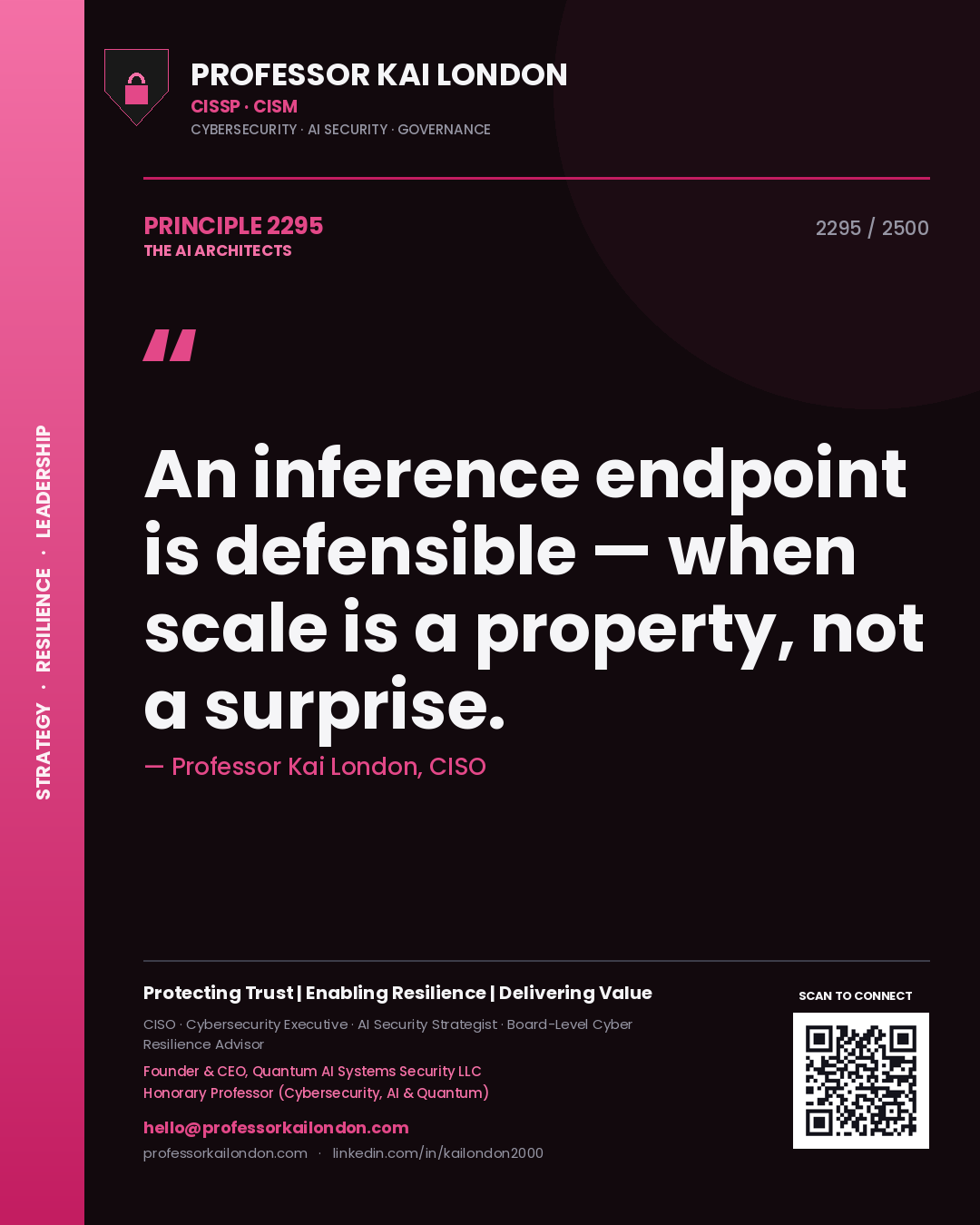Quote card by Professor Kai London reading 'An inference endpoint is defensible — when scale is a property, not a surprise.'. From the book The AI Architects.