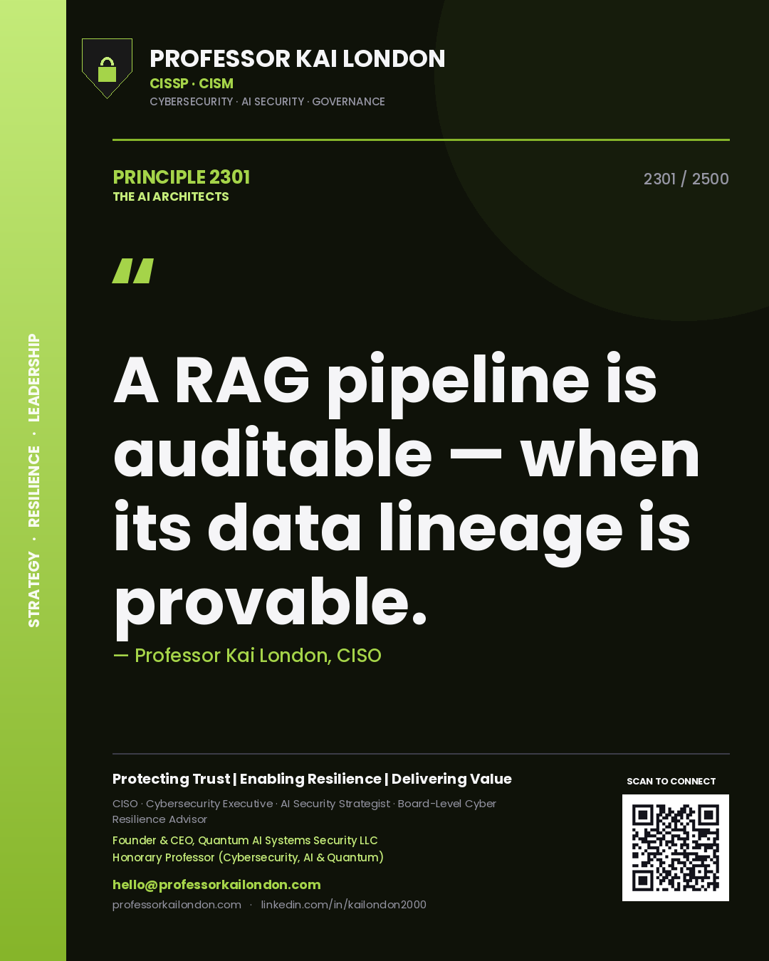 Quote card by Professor Kai London reading 'A RAG pipeline is auditable — when its data lineage is provable.'. From the book The AI Architects.