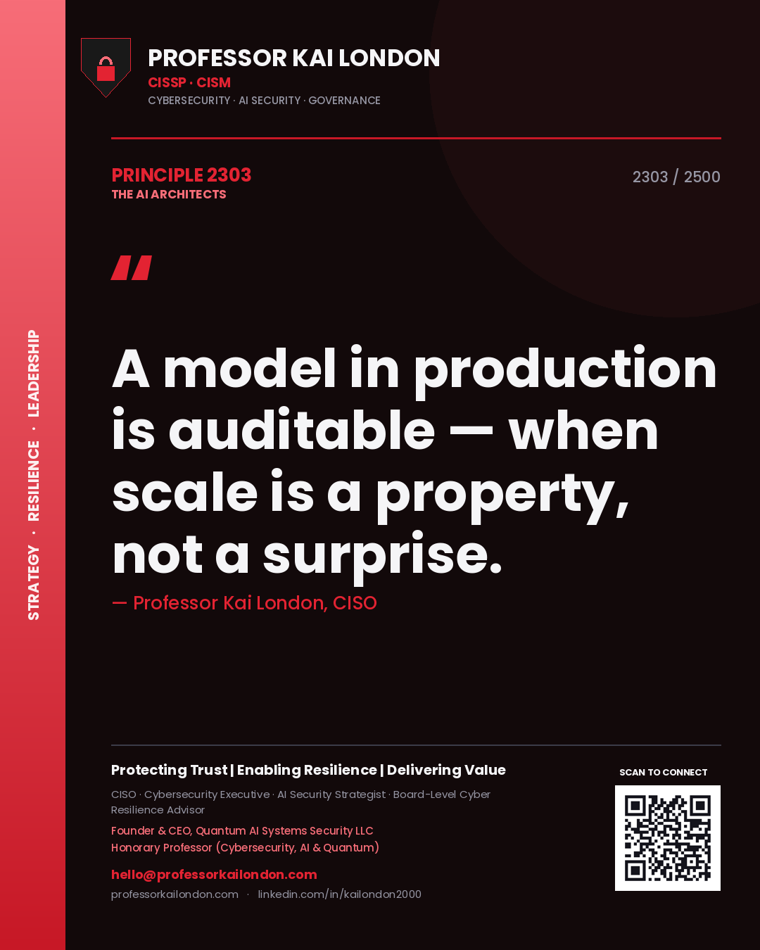 Quote card by Professor Kai London reading 'A model in production is auditable — when scale is a property, not a surprise.'. From the book The AI Architects.