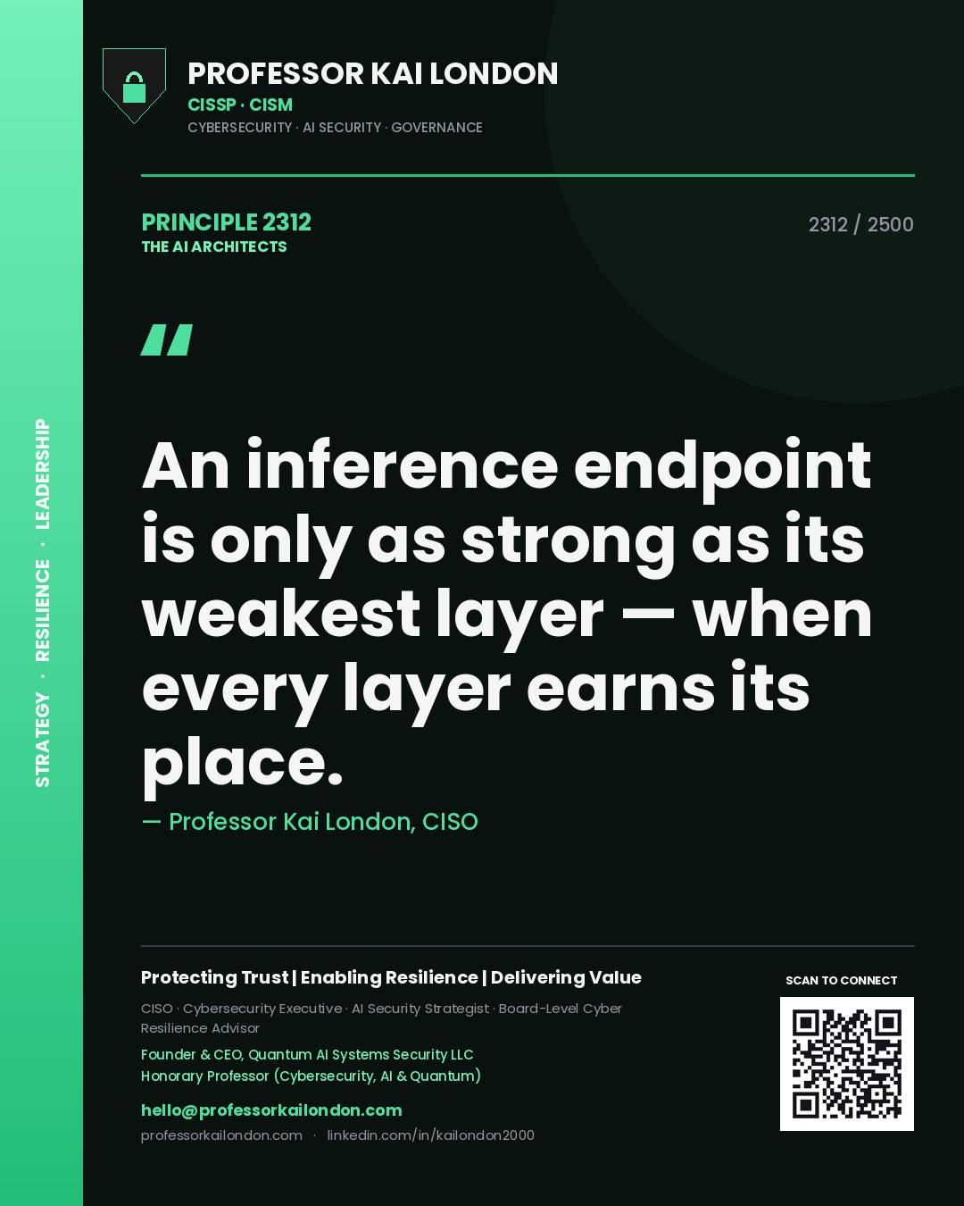 Quote card by Professor Kai London reading 'An inference endpoint is only as strong as its weakest layer — when every layer earns its place.'. From the book The AI Architects.