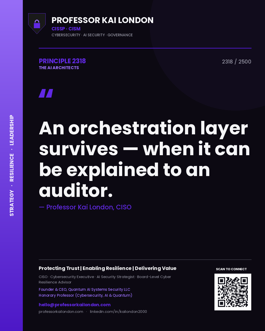Quote card by Professor Kai London reading 'An orchestration layer survives — when it can be explained to an auditor.'. From the book The AI Architects.