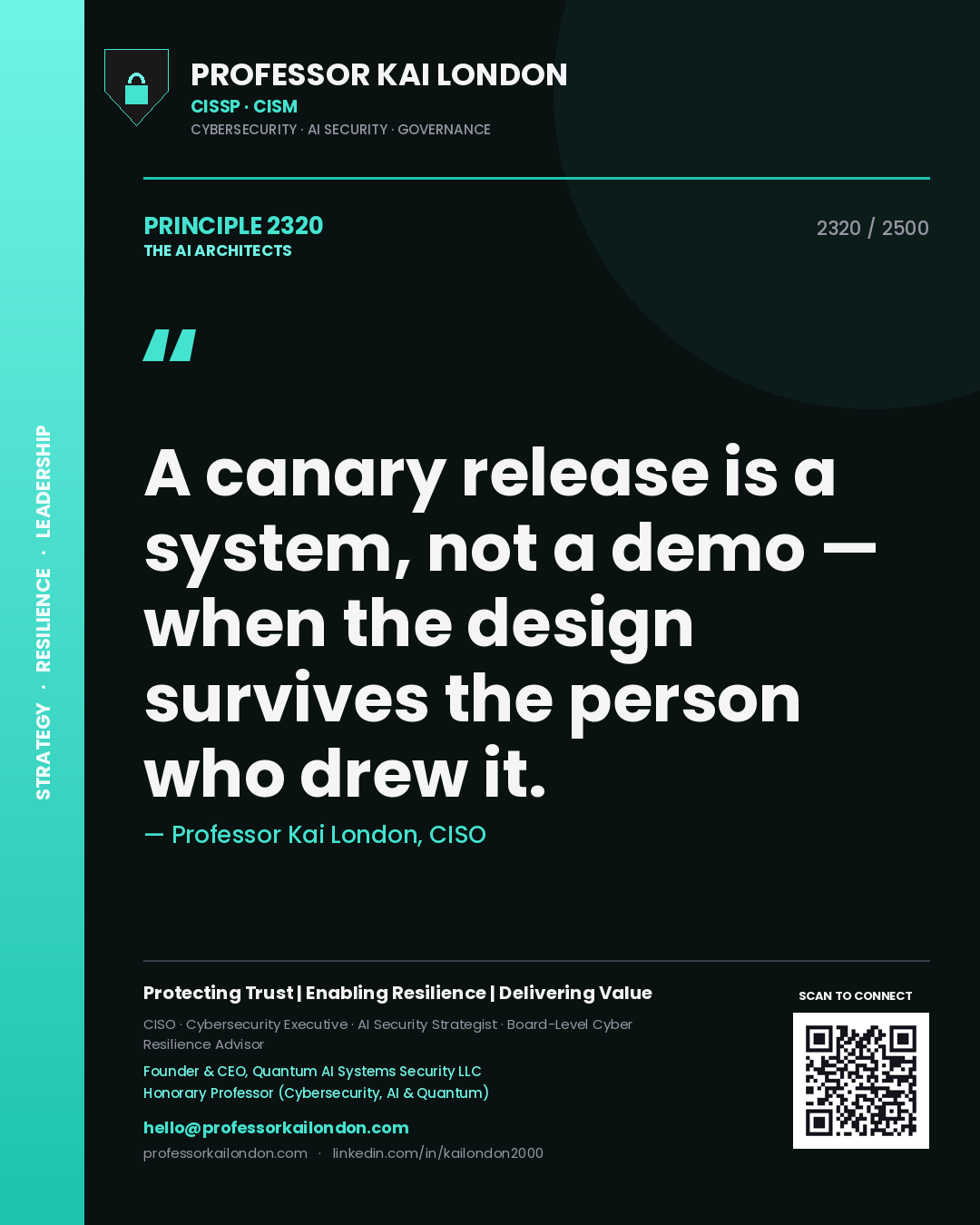 Quote card by Professor Kai London reading 'A canary release is a system, not a demo — when the design survives the person who drew it.'. From the book The AI Architects.