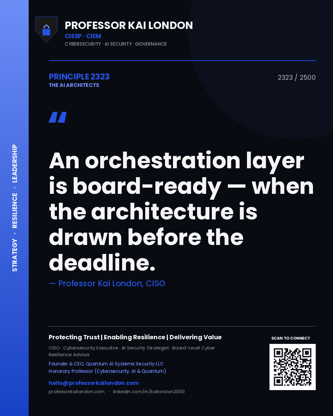 Quote card by Professor Kai London reading 'An orchestration layer is board-ready — when the architecture is drawn before the deadline.'. From the book The AI Architects.