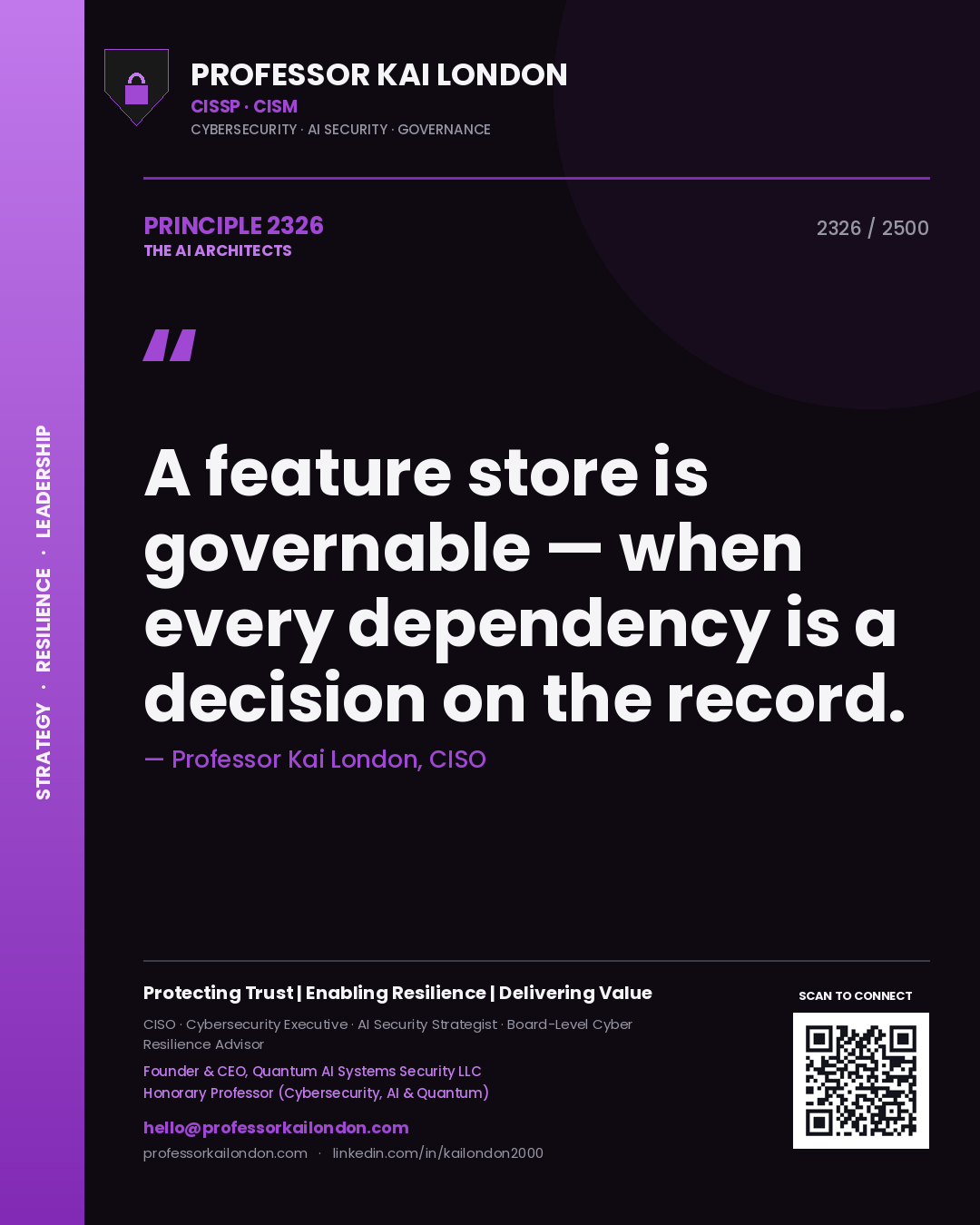 Quote card by Professor Kai London reading 'A feature store is governable — when every dependency is a decision on the record.'. From the book The AI Architects.