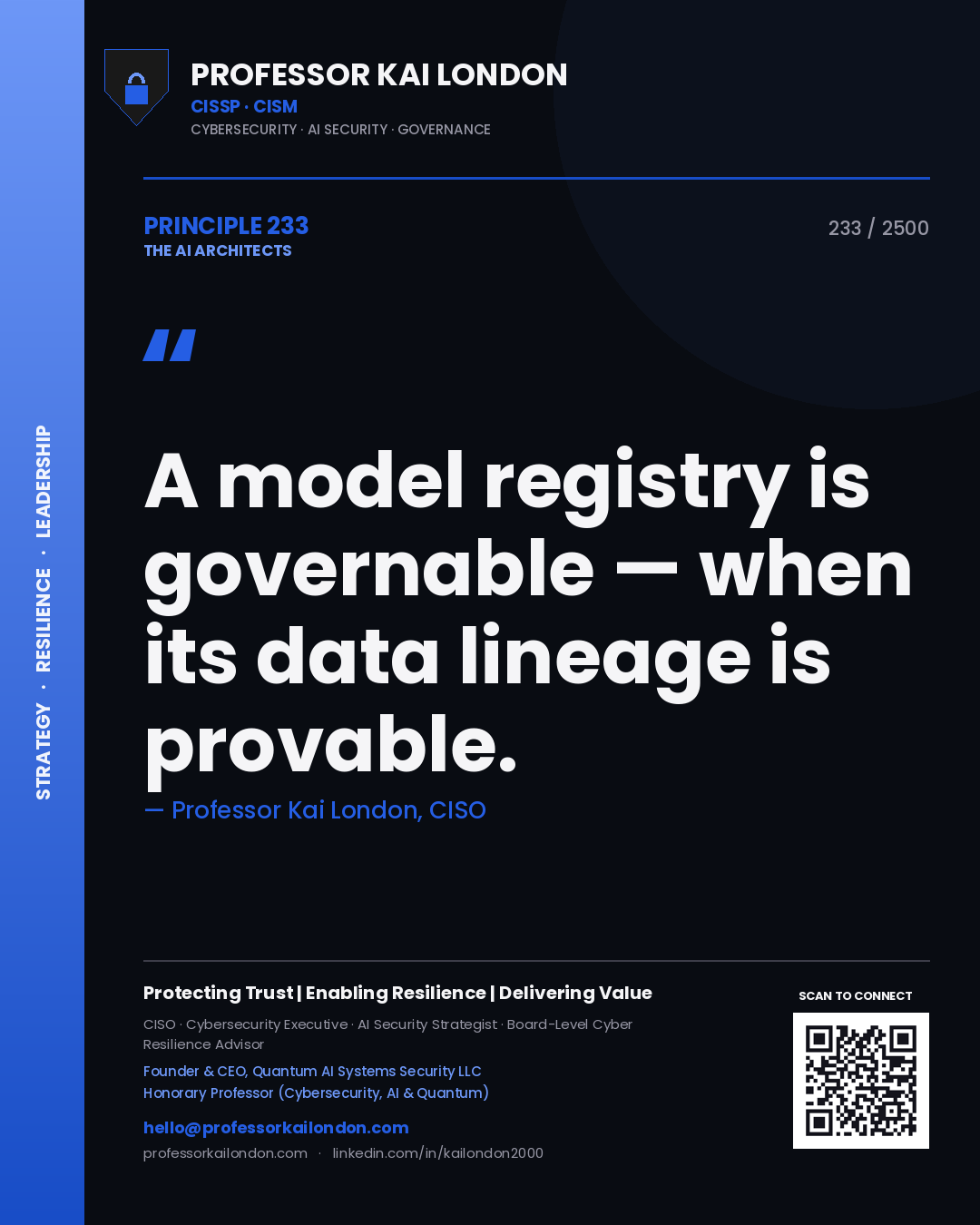 Quote card by Professor Kai London reading 'A model registry is governable — when its data lineage is provable.'. From the book The AI Architects.