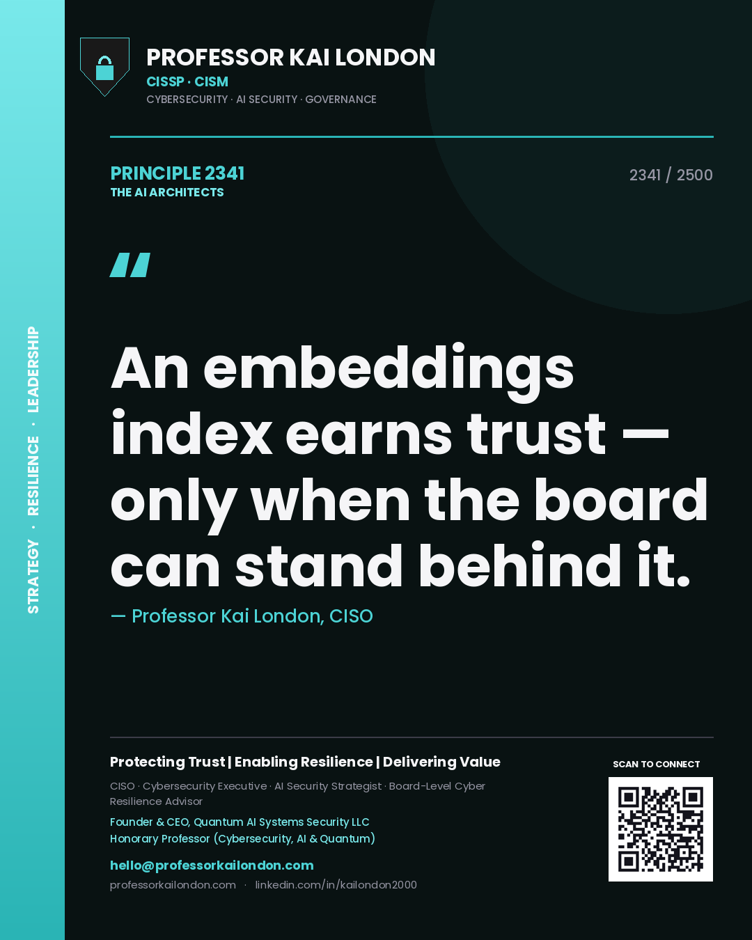Quote card by Professor Kai London reading 'An embeddings index earns trust — only when the board can stand behind it.'. From the book The AI Architects.