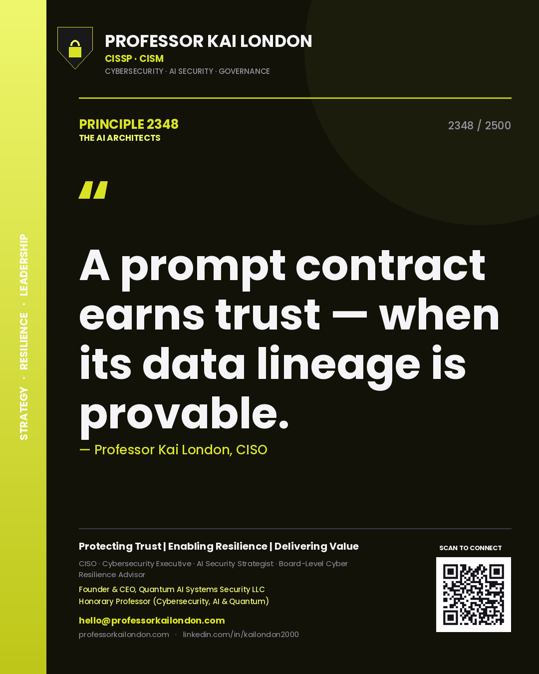 Quote card by Professor Kai London reading 'A prompt contract earns trust — when its data lineage is provable.'. From the book The AI Architects.