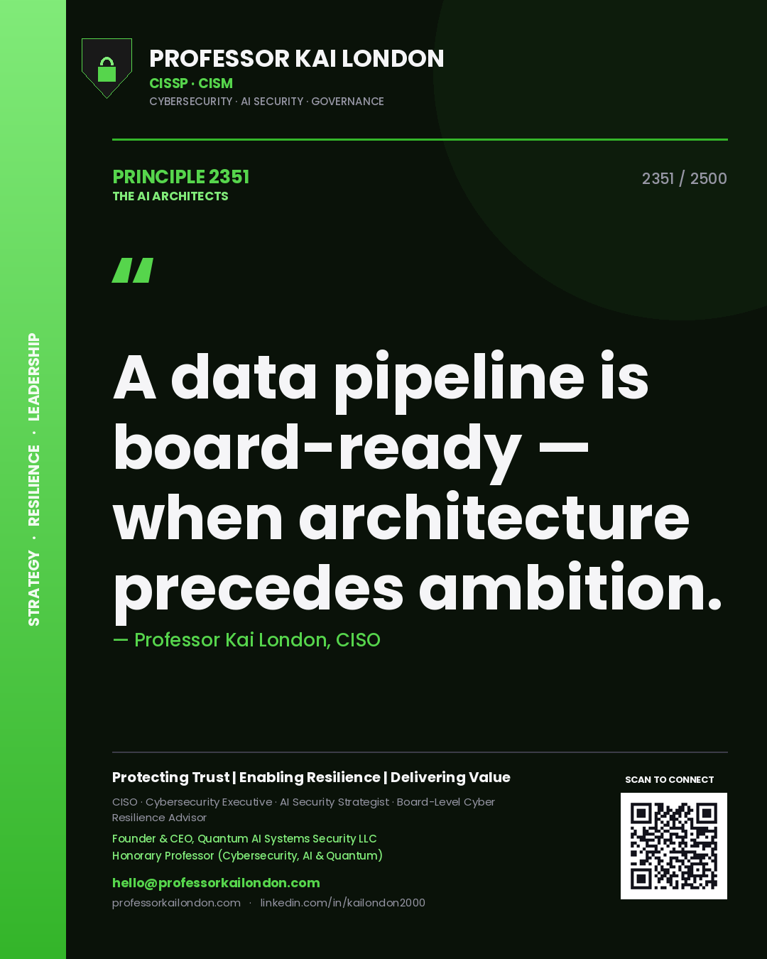 Quote card by Professor Kai London reading 'A data pipeline is board-ready — when architecture precedes ambition.'. From the book The AI Architects.