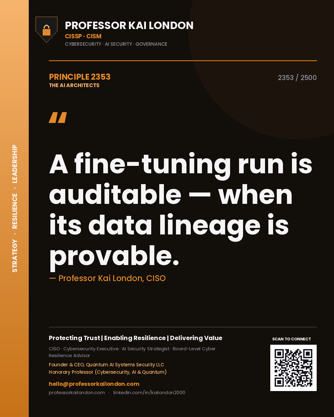 Quote card by Professor Kai London reading 'A fine-tuning run is auditable — when its data lineage is provable.'. From the book The AI Architects.