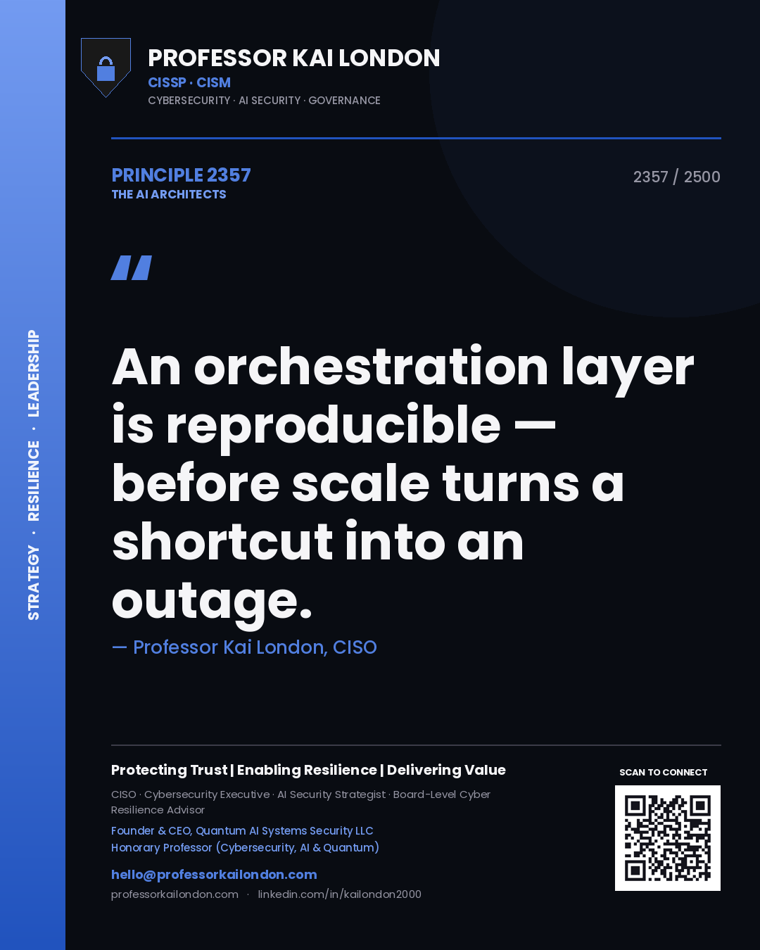 Quote card by Professor Kai London reading 'An orchestration layer is reproducible — before scale turns a shortcut into an outage.'. From the book The AI Architects.