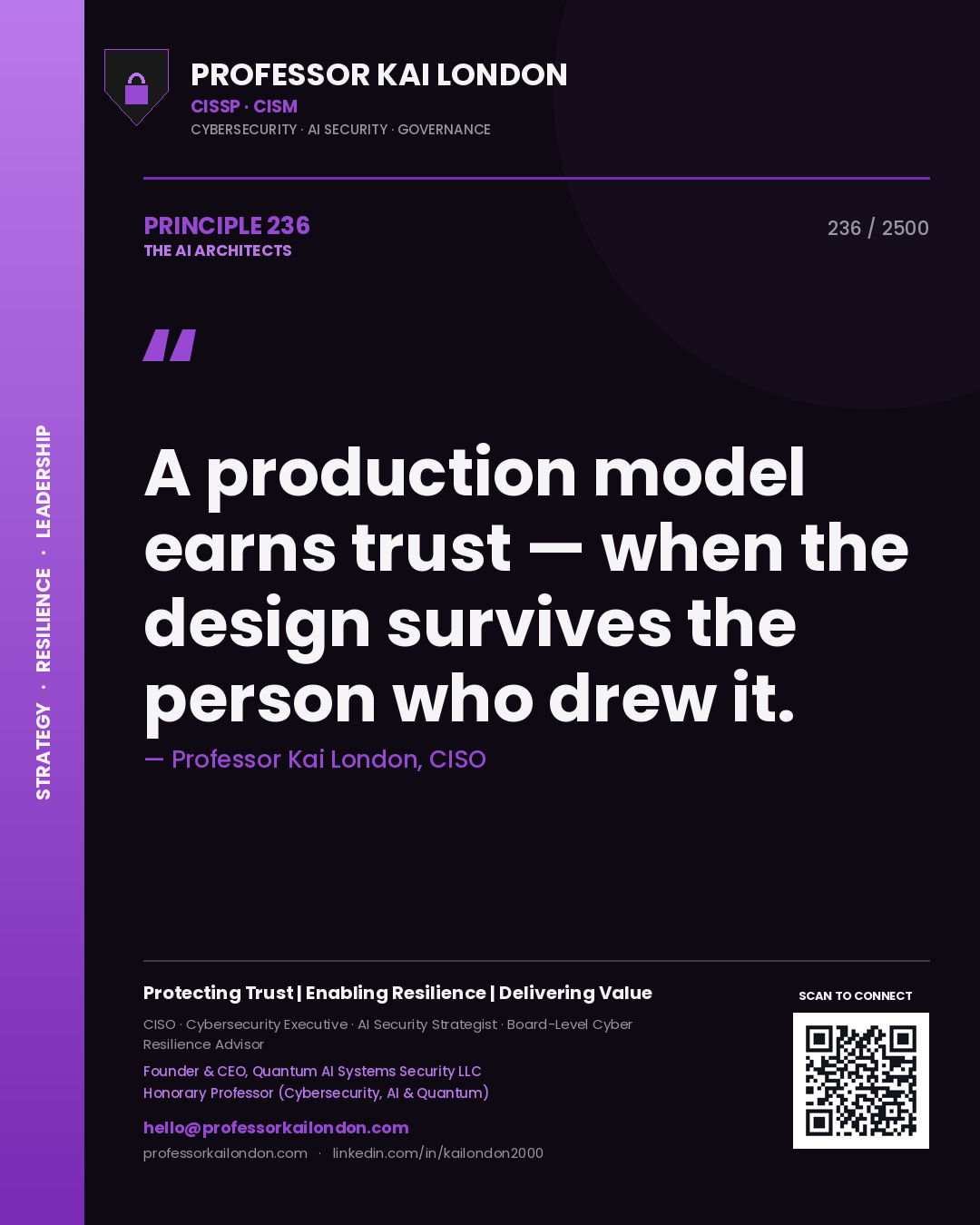 Quote card by Professor Kai London reading 'A production model earns trust — when the design survives the person who drew it.'. From the book The AI Architects.