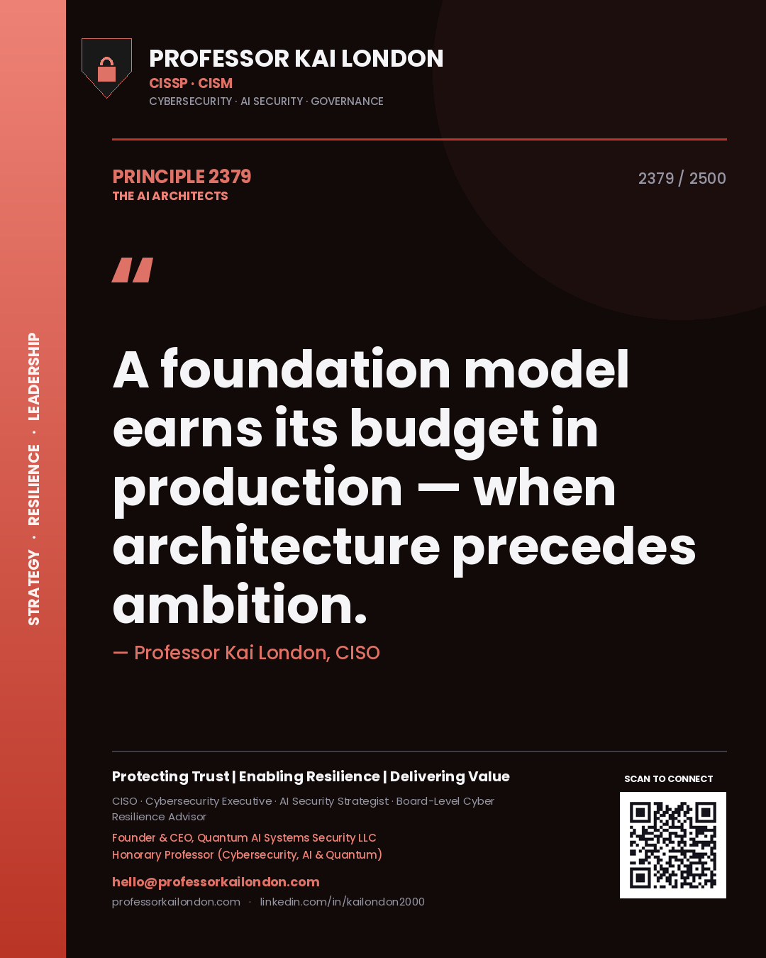 Quote card by Professor Kai London reading 'A foundation model earns its budget in production — when architecture precedes ambition.'. From the book The AI Architects.