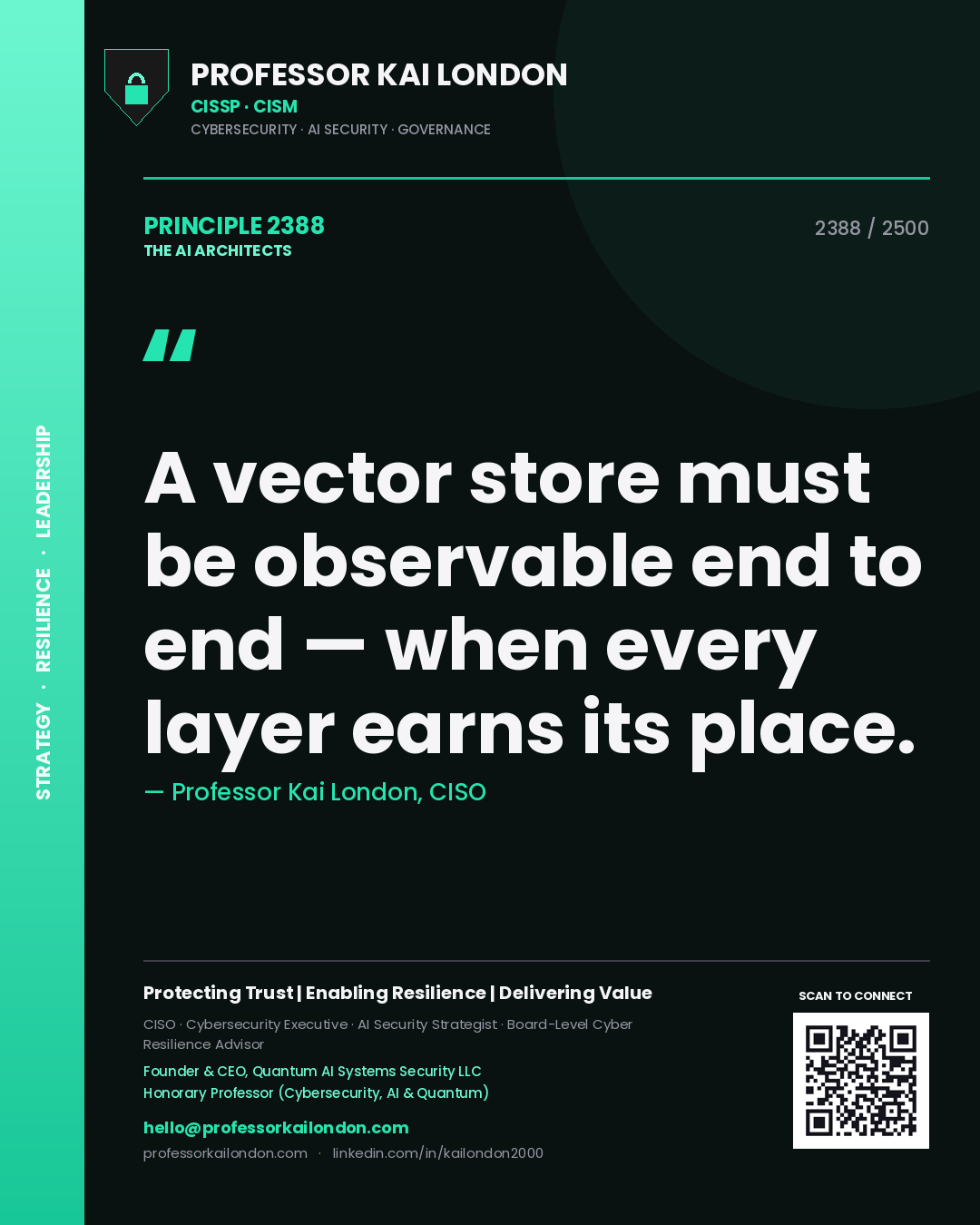 Quote card by Professor Kai London reading 'A vector store must be observable end to end — when every layer earns its place.'. From the book The AI Architects.
