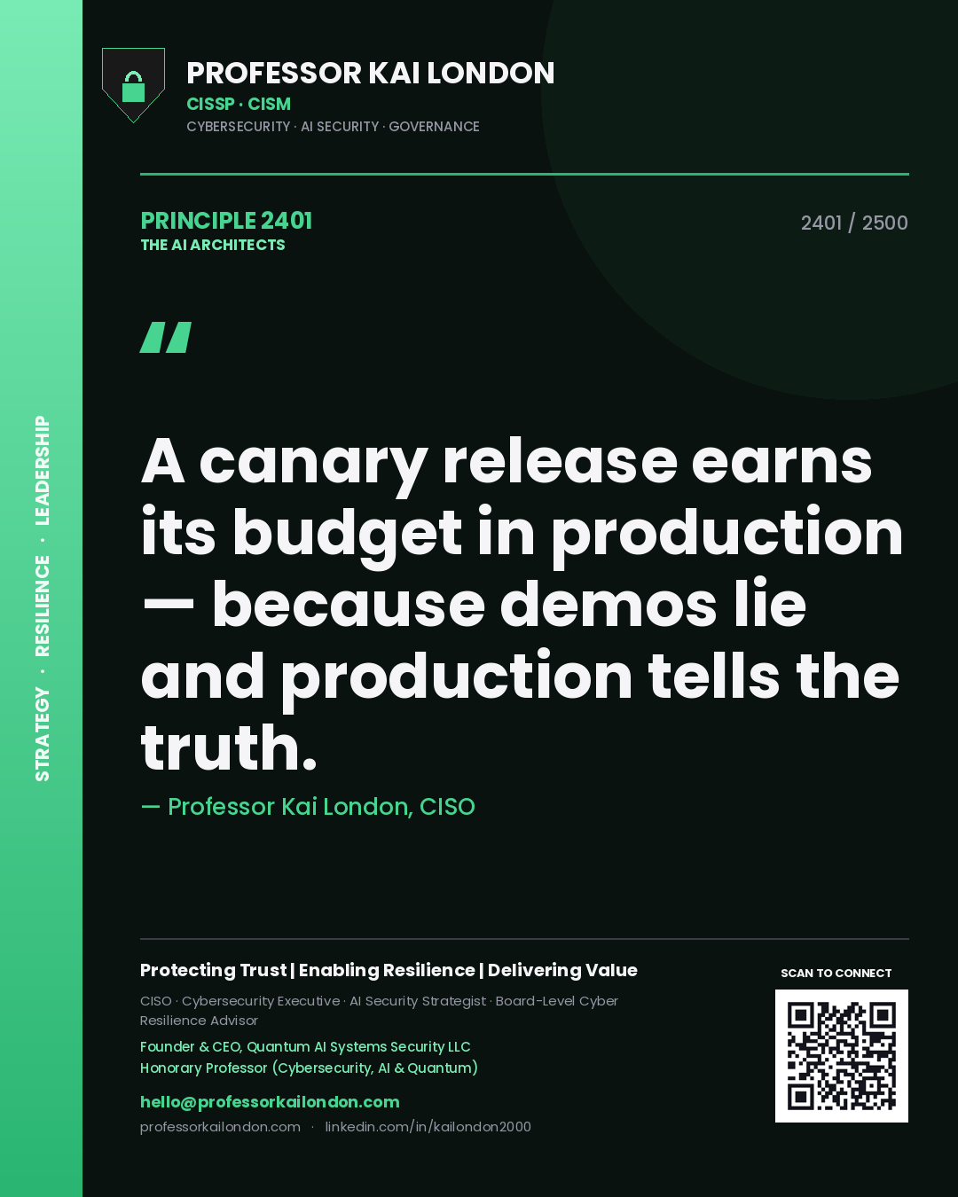 Professor Kai London principle 2401: A canary release earns its budget in production — because demos lie and production tells the truth.