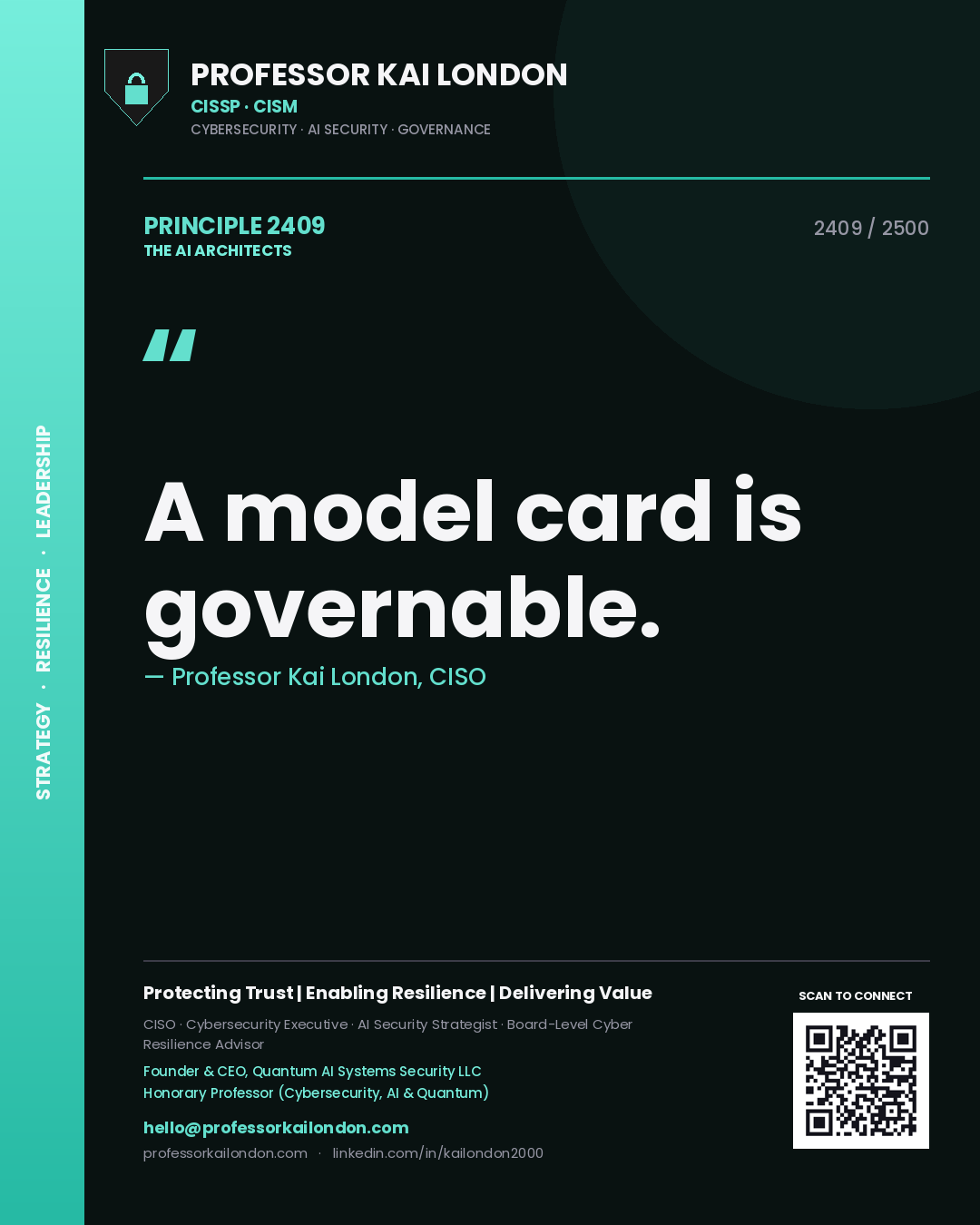 Quote card by Professor Kai London reading 'A model card is governable.'. From the book The AI Architects.
