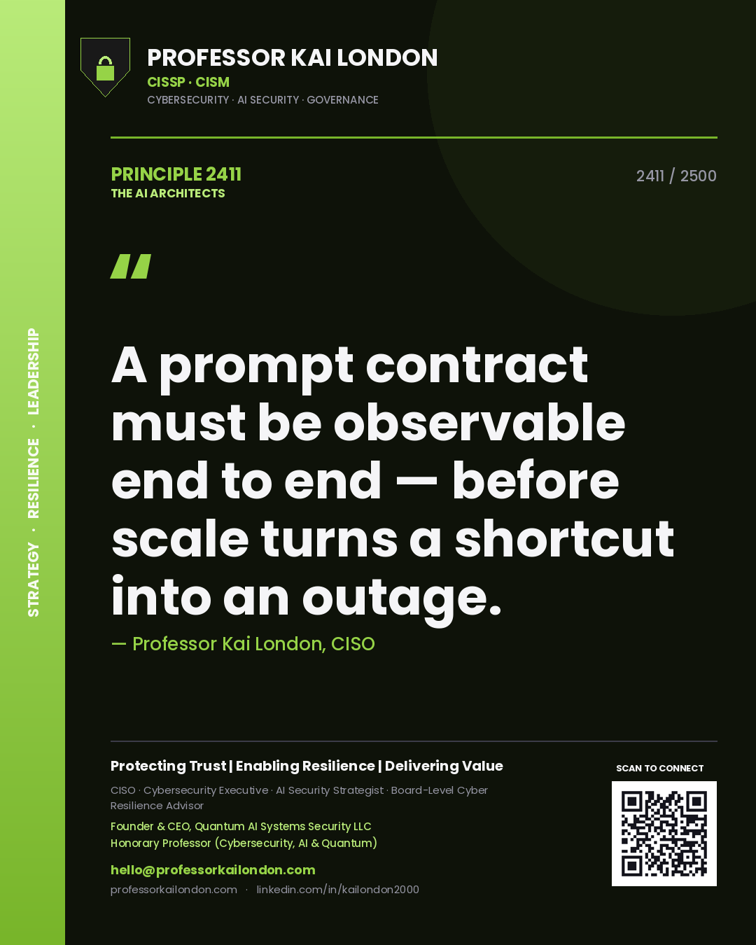 Professor Kai London principle 2411: A prompt contract must be observable end to end — before scale turns a shortcut into an outage.