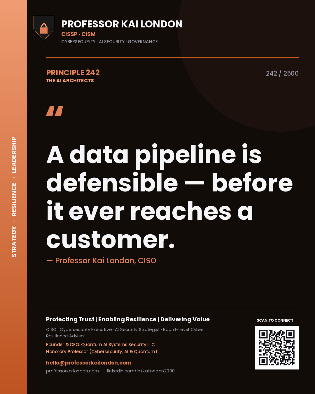 Professor Kai London principle 242: A data pipeline is defensible — before it ever reaches a customer.