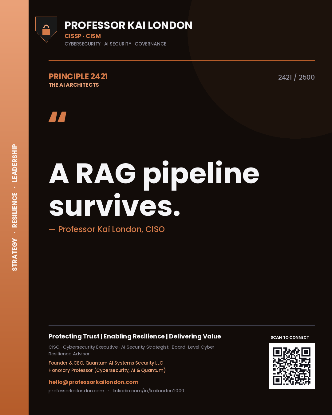 Quote card by Professor Kai London reading 'A RAG pipeline survives.'. From the book The AI Architects.