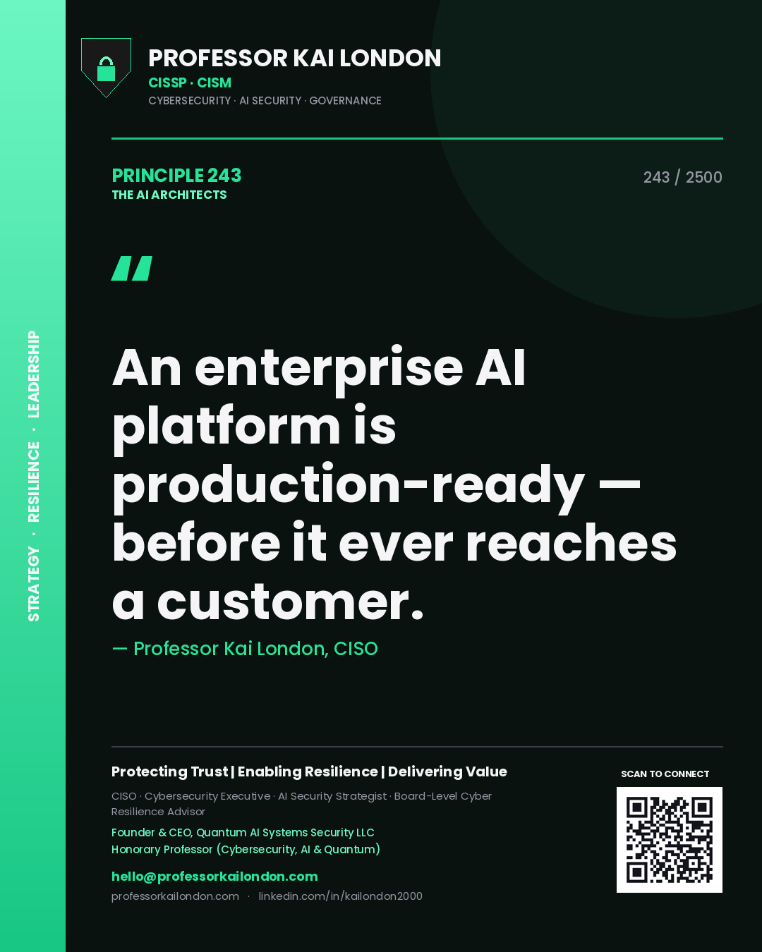 Quote card by Professor Kai London reading 'An enterprise AI platform is production-ready — before it ever reaches a customer.'. From the book The AI Architects.