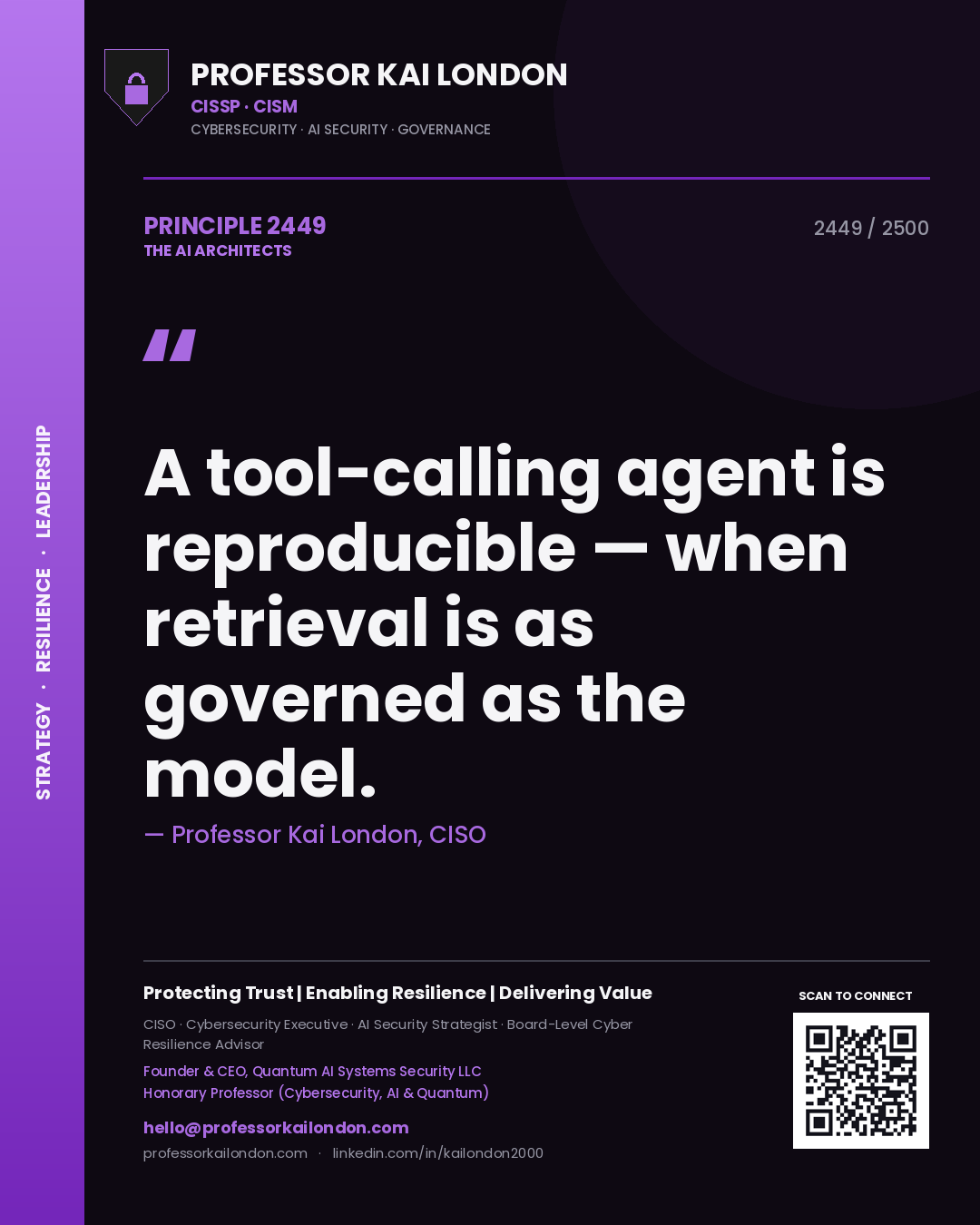 Quote card by Professor Kai London reading 'A tool-calling agent is reproducible — when retrieval is as governed as the model.'. From the book The AI Architects.