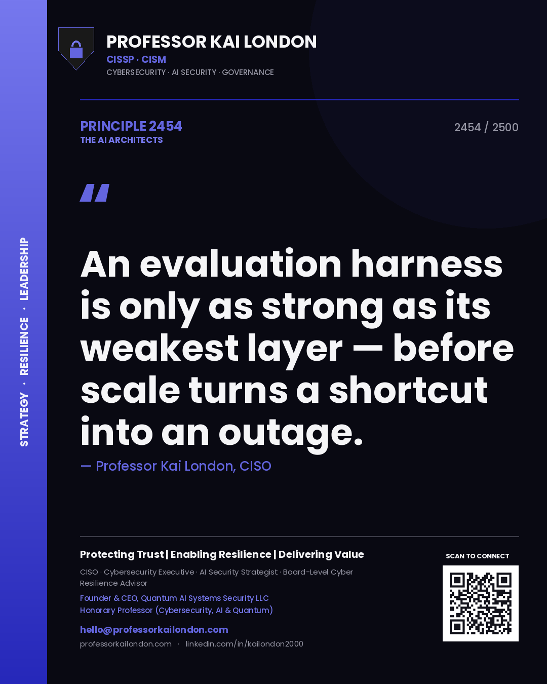 Professor Kai London principle 2454: An evaluation harness is only as strong as its weakest layer — before scale turns a shortcut into an outage.